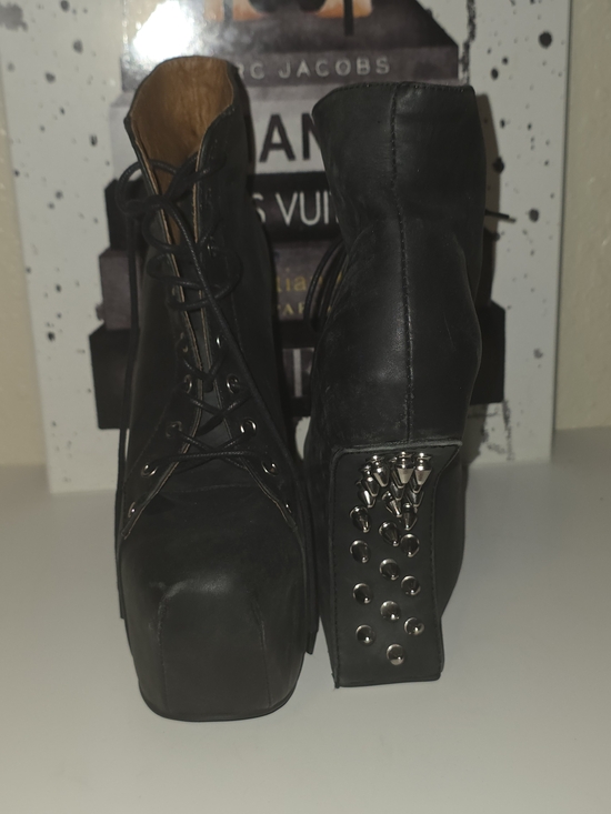 Jeffrey Campbell Shoes - Jeffrey Campbell "NGT-LITA" Black Leather Studded Platform Lace-Up Gravity Wedge
